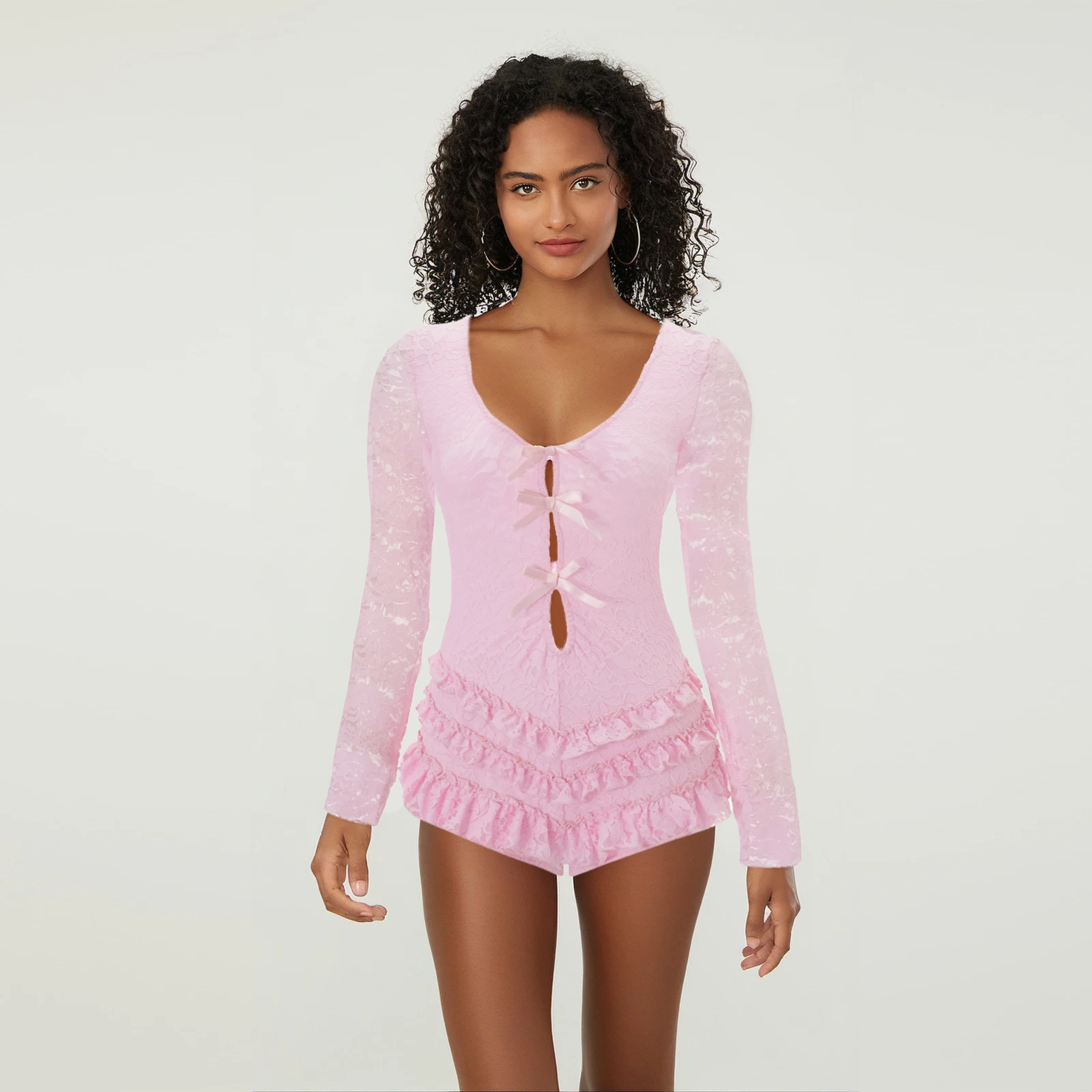 Womens Lace Bodysuits 3D Bow Cut Out U Neck Long Sleeve Open Back Layered Ruffle Shorts Jumpsuit for Party Club
Womens Lace Bodysuits 3D Bow Cut Out U Neck Long Sleeve Open Back Layered Ruffle Shorts Jumpsuit for Party Club