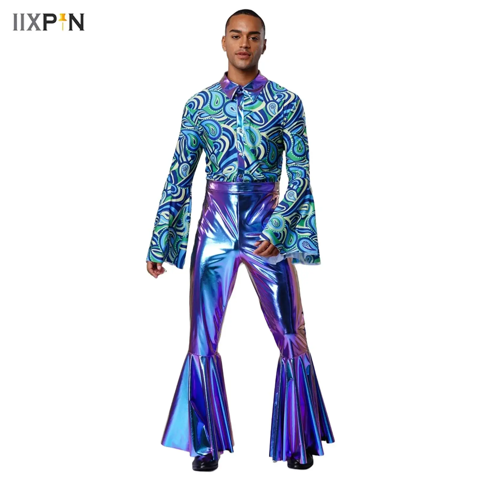 Men Flashy Disco Dance Jumpsuit Flared Sleeves Turn-Down Collar Printed Bodice Metallic Bell-Bottom Bodysuit for Halloween Party
Men Flashy Disco Dance Jumpsuit Flared Sleeves Turn-Down Collar Printed Bodice Metallic Bell-Bottom Bodysuit for Halloween Party