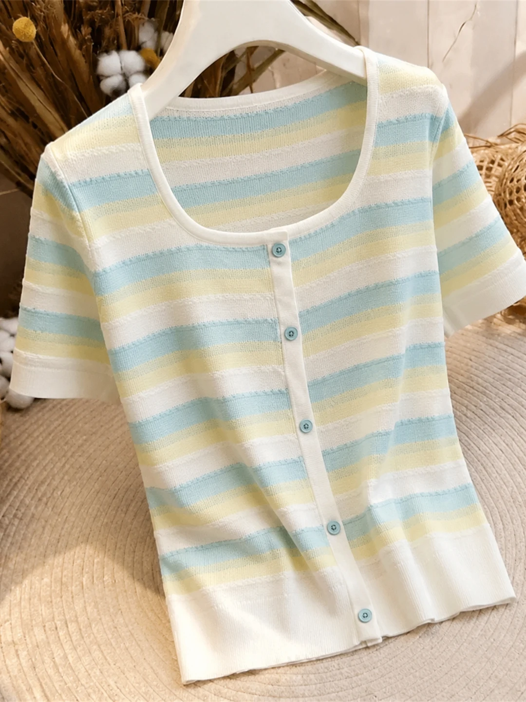 Slimming Ice Silk Knitted Shirt with Stripe Design And Square Collar Single Button Short Sleeve Summer Top for Women
Slimming Ice Silk Knitted Shirt with Stripe Design And Square Collar Single Button Short Sleeve Summer Top for Women
