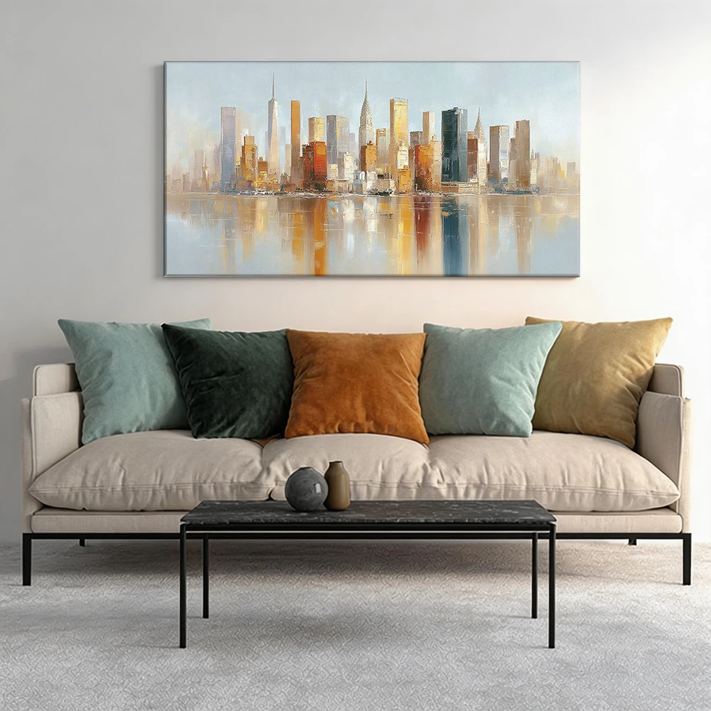 Large-sized solid wood frame canvas painting 1pc Abstract city skyline with water.
Large-sized solid wood frame canvas painting 1pc Abstract city skyline with water.