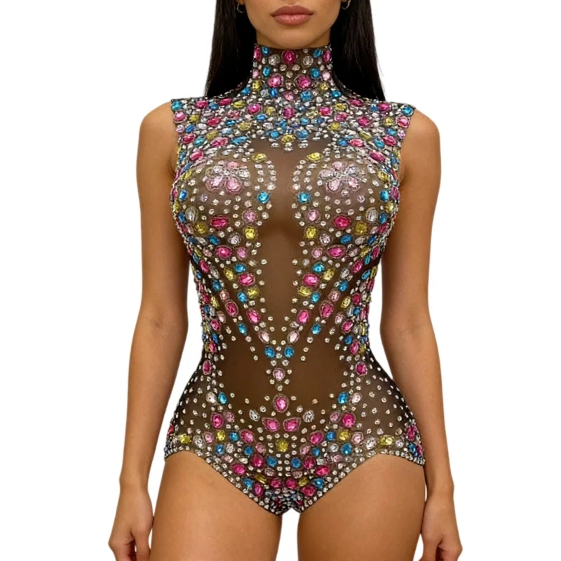 Women's Sparkly Colorful Rhinestones Bodysuit Sexy Mesh Transparent Performance Dance Costume for Singer Dancer Show Stage Wear
Women's Sparkly Colorful Rhinestones Bodysuit Sexy Mesh Transparent Performance Dance Costume for Singer Dancer Show Stage Wear