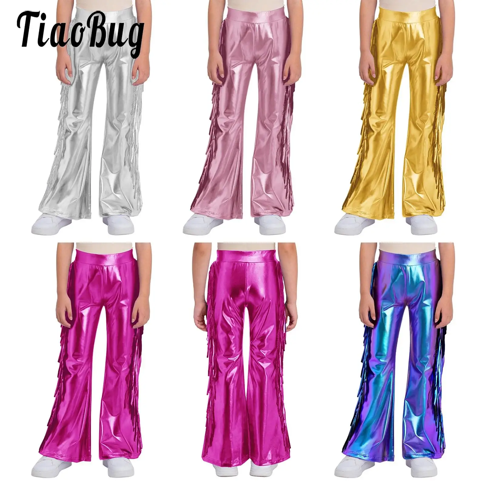 Kids Girls Metallic Disco Jazz Dance Flared Pants Tassels Bell-Bottom Trousers Lyrical Modern Street Dance Performance Costumes
Kids Girls Metallic Disco Jazz Dance Flared Pants Tassels Bell-Bottom Trousers Lyrical Modern Street Dance Performance Costumes