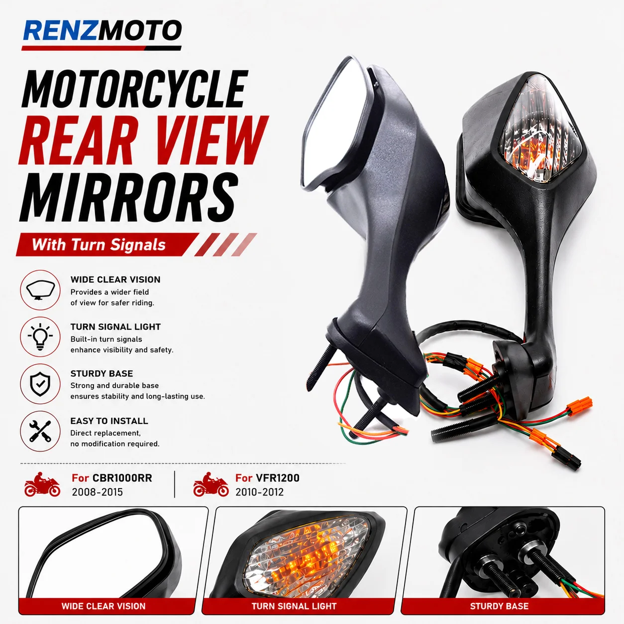 For CBR1000RR 2008-2016 /VFR1200 2010-2012 Rearview Mirrors With Turn Signals Light LED 2009 2010 2011 2012 2013 2014 201
For CBR1000RR 2008-2016 /VFR1200 2010-2012 Rearview Mirrors With Turn Signals Light LED 2009 2010 2011 2012 2013 2014 201