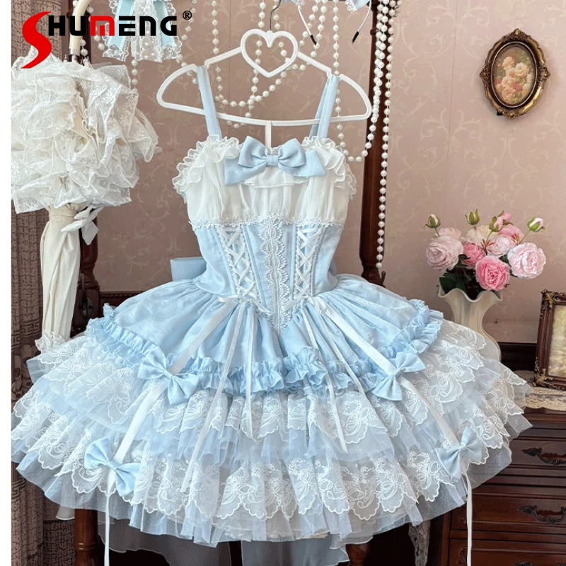 Original Princess Style Blue Sling Dress JSK Japanese Girls Sweet Cute High Waist Slim Lolita Mini Dress Daily Sleeveless Dress 
Original Princess Style Blue Sling Dress JSK Japanese Girls Sweet Cute High Waist Slim Lolita Mini Dress Daily Sleeveless Dress