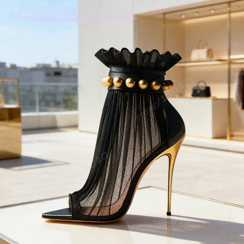 Women Black Ruffled Mesh Beaded Ankle Boots Gold Heel Pointed Toe Open Red Leather Sandals White Weave Patchwork Hollow Shoes
Women Black Ruffled Mesh Beaded Ankle Boots Gold Heel Pointed Toe Open Red Leather Sandals White Weave Patchwork Hollow Shoes