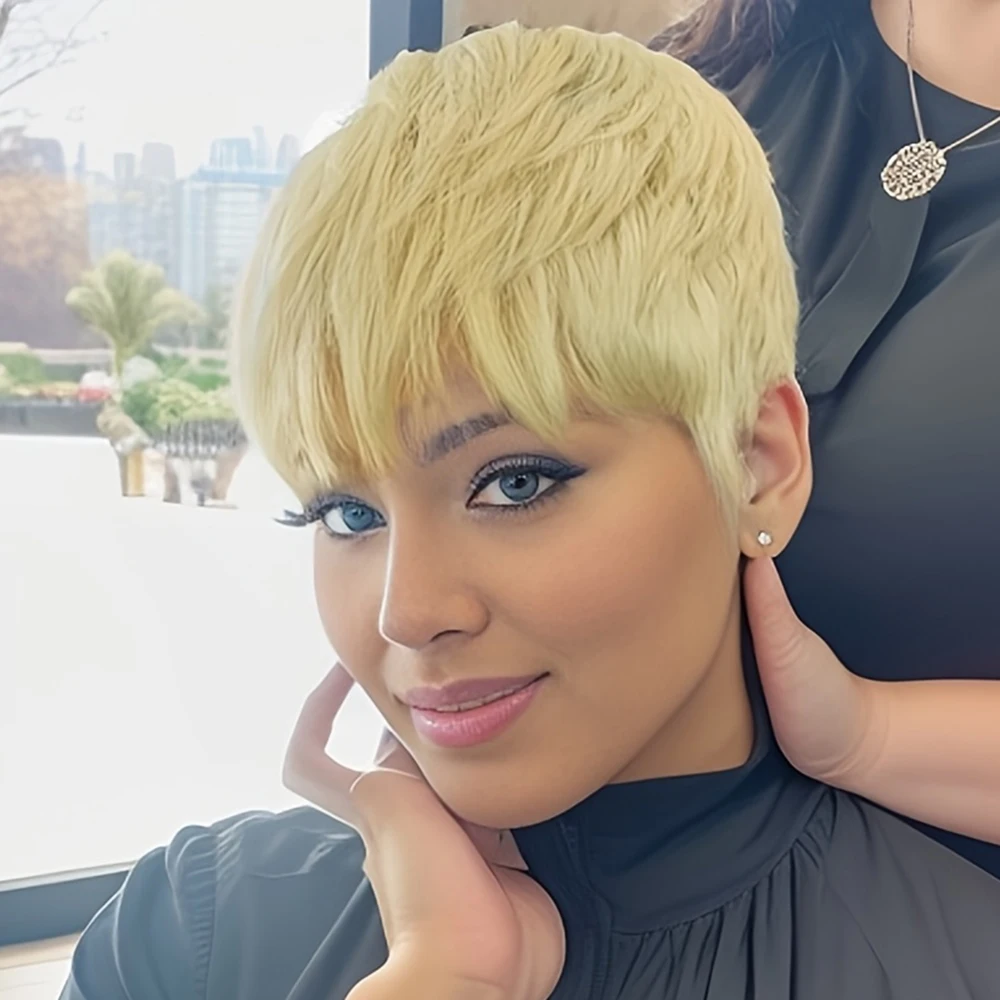 #613 Blonde Color Human Hair Wigs Blonde Machine Made With Bangs Wigs For Women Remy Hair Short Straight Hair
#613 Blonde Color Human Hair Wigs Blonde Machine Made With Bangs Wigs For Women Remy Hair Short Straight Hair