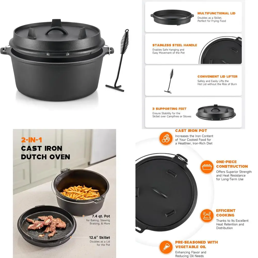 9-Quart Seasoned Cast Iron Dutch Oven with Lid and Lid Lifter for Outdoor Camping, Fireplace, and BBQ Cooking
9-Quart Seasoned Cast Iron Dutch Oven with Lid and Lid Lifter for Outdoor Camping, Fireplace, and BBQ Cooking