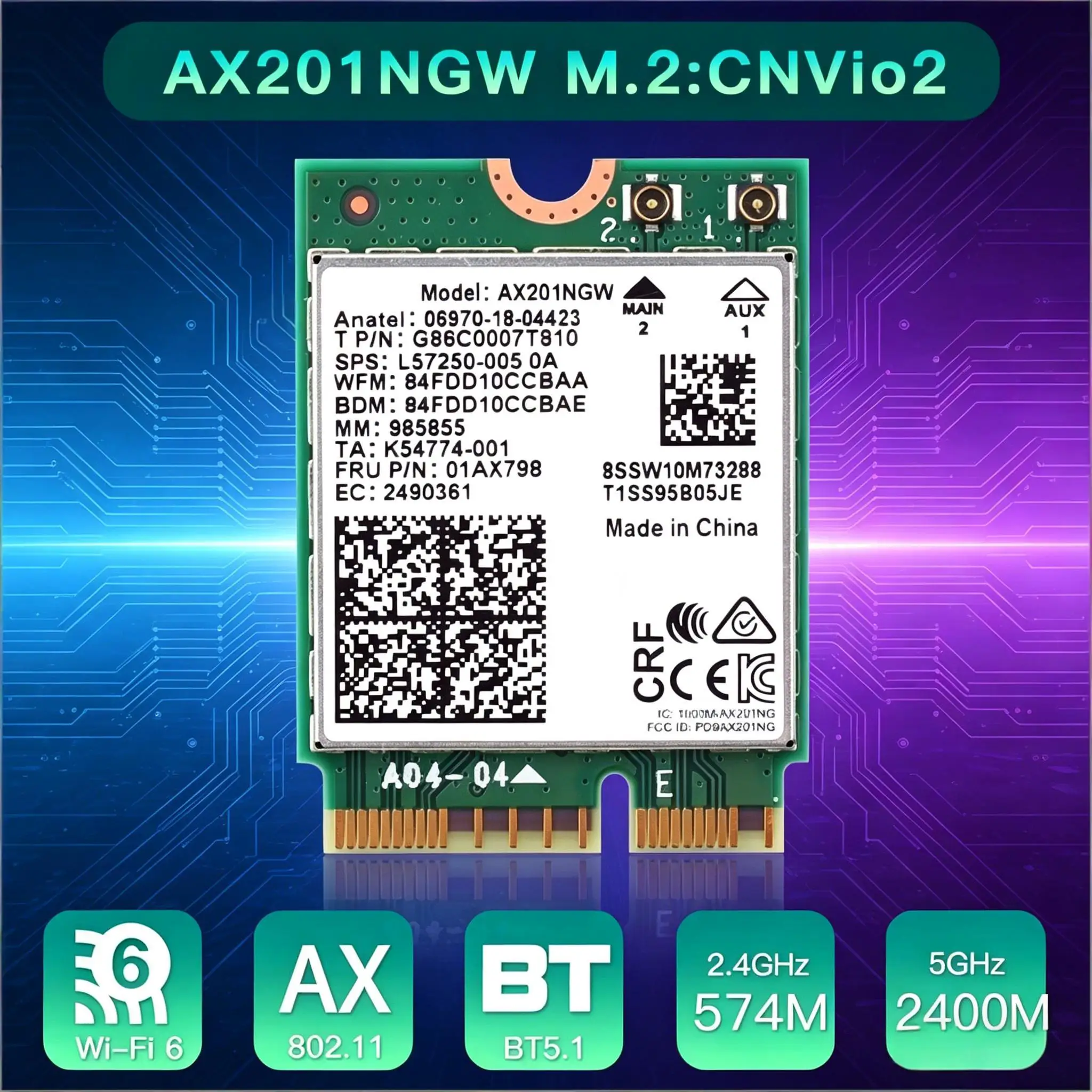 Wi-Fi 6 Intel AX201 M.2 Key E CNVio 2 Wifi Card Dual Band 3000Mbps Wireless For Bluetooth 5.0 2.4Ghz/5Ghz 802.11ac/ax AX201NGW
Wi-Fi 6 Intel AX201 M.2 Key E CNVio 2 Wifi Card Dual Band 3000Mbps Wireless For Bluetooth 5.0 2.4Ghz/5Ghz 802.11ac/ax AX201NGW