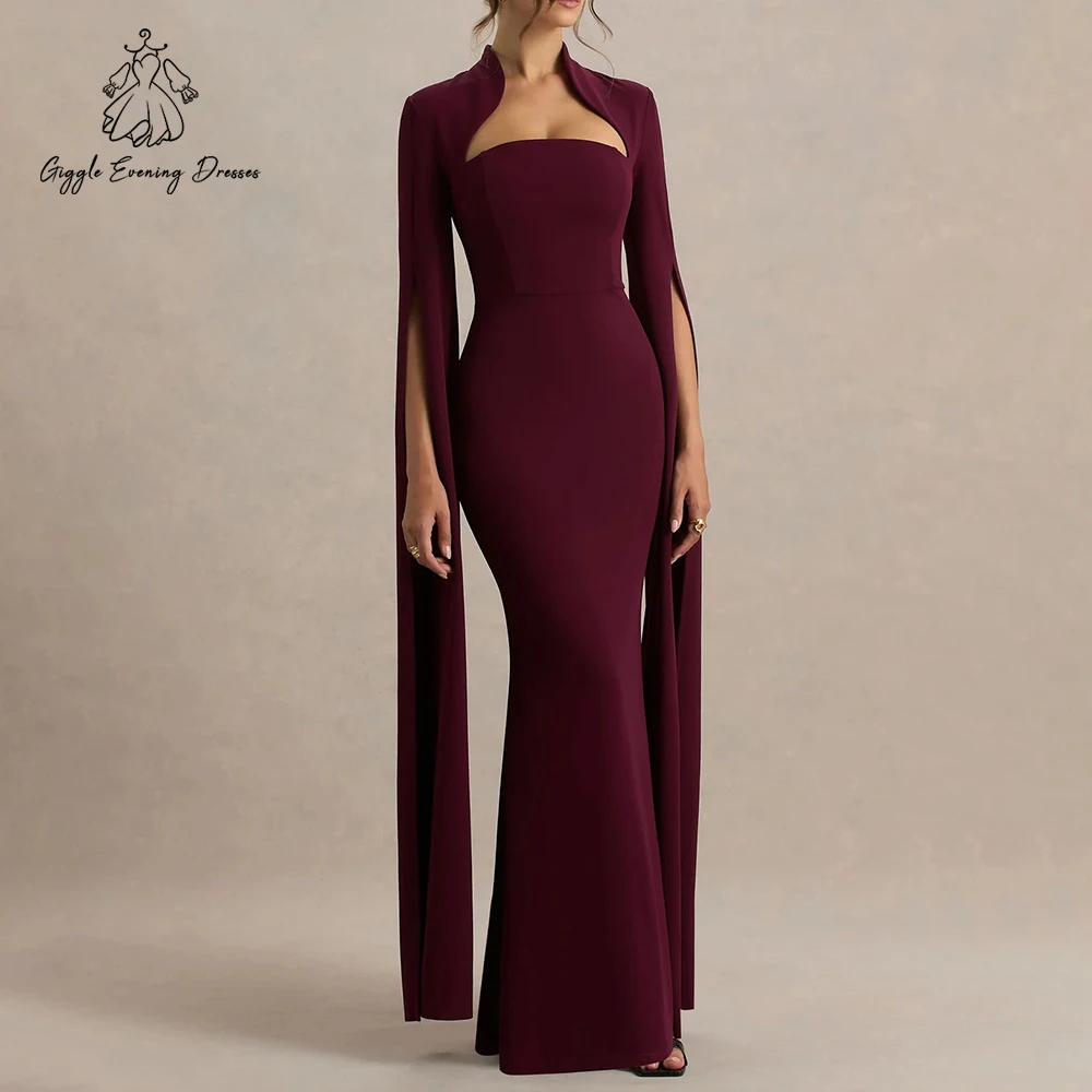 Giggle Classic Burgundy Jersey Arabic Evening Dress Cape Sleeve Long Mermaid Elegant Party Gown for Wedding Guest Customized
Giggle Classic Burgundy Jersey Arabic Evening Dress Cape Sleeve Long Mermaid Elegant Party Gown for Wedding Guest Customized