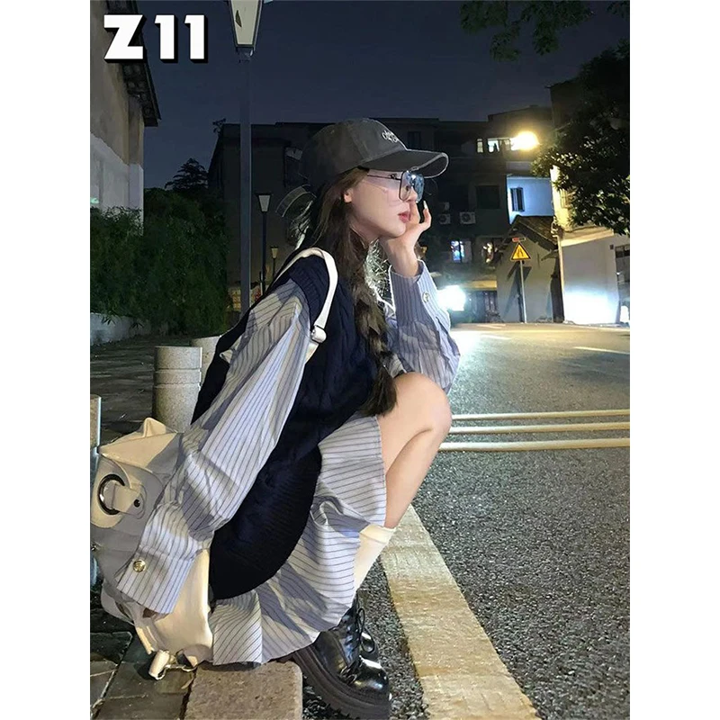 Spring Autumn Fashion Striped Sweet Preppy Style Long Sleeve Shirt Dress Women Simplicity Solid Color Knitting Tank Top Suit
Spring Autumn Fashion Striped Sweet Preppy Style Long Sleeve Shirt Dress Women Simplicity Solid Color Knitting Tank Top Suit