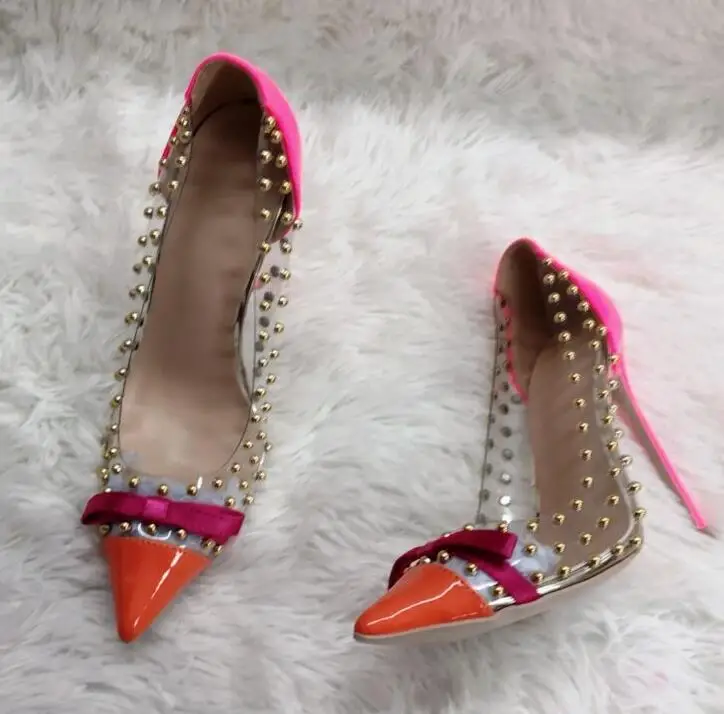 Gold Studded Rivets PVC High Heel Pumps Butterfly Knot Pointed Toe Pink Blue Patchwork Shallow Evening Dress Shoes 12cm
Gold Studded Rivets PVC High Heel Pumps Butterfly Knot Pointed Toe Pink Blue Patchwork Shallow Evening Dress Shoes 12cm
