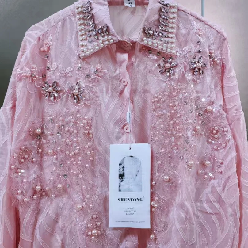 New In Sparkle Pearls Diamonds Embroidery Pink Sunscreen Shirts Blouses For Women's Lantern Sleeve Loose Casual Tops Blusas
New In Sparkle Pearls Diamonds Embroidery Pink Sunscreen Shirts Blouses For Women's Lantern Sleeve Loose Casual Tops Blusas