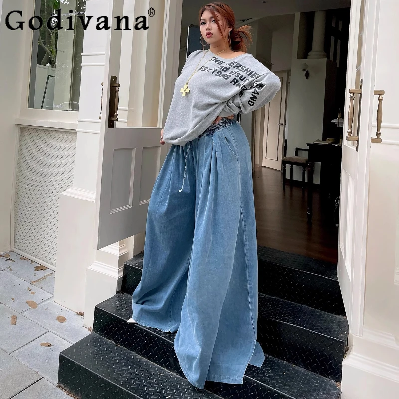 Women Early Autumn New Large Size Blue Lace-up comfort Lantern Pants Versatile Elastic Waist Leisure Loose Wide Leg Floor Jeans
Women Early Autumn New Large Size Blue Lace-up comfort Lantern Pants Versatile Elastic Waist Leisure Loose Wide Leg Floor Jeans