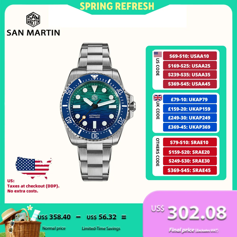 San Martin 38mm Miyota 90S5 Gradient Wave Pattern Dial Dive Watch For Men Automatic BGW-X1 20ATM OTF Adjust Bracelet SN0126GS
San Martin 38mm Miyota 90S5 Gradient Wave Pattern Dial Dive Watch For Men Automatic BGW-X1 20ATM OTF Adjust Bracelet SN0126GS