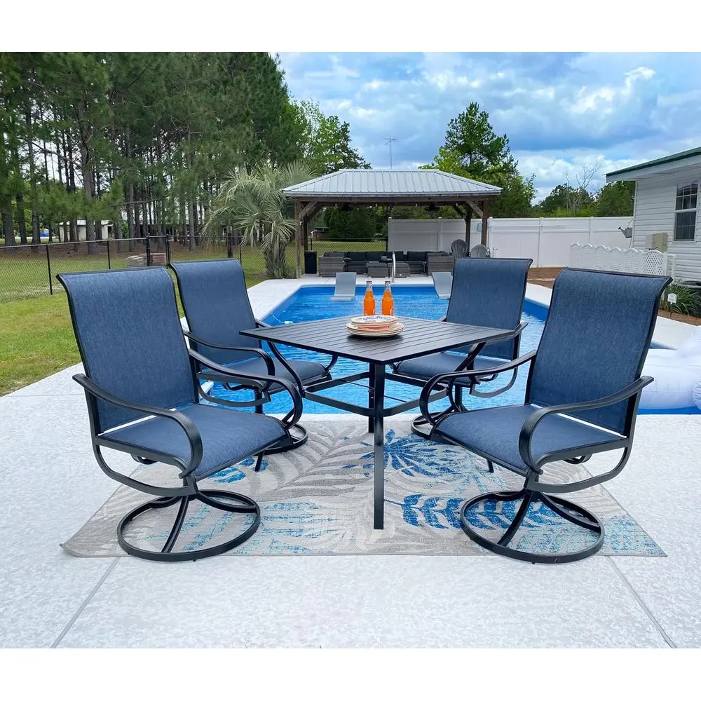 All-Weather 5-Piece Patio Dining Set with Swivel Chairs and Blue Metal Table
All-Weather 5-Piece Patio Dining Set with Swivel Chairs and Blue Metal Table