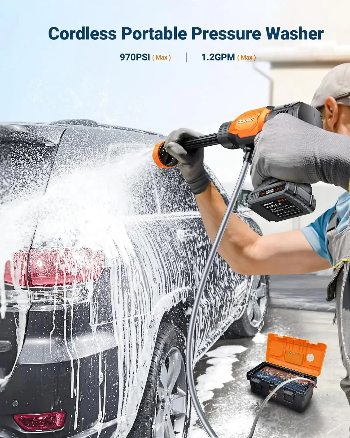 Cordless Pressure Washer, 970PSI Portable Power Washer with 3.0Ah Dual Batteries 6-in-1 Nozzle Battery Operated Power Washer
Cordless Pressure Washer, 970PSI Portable Power Washer with 3.0Ah Dual Batteries 6-in-1 Nozzle Battery Operated Power Washer