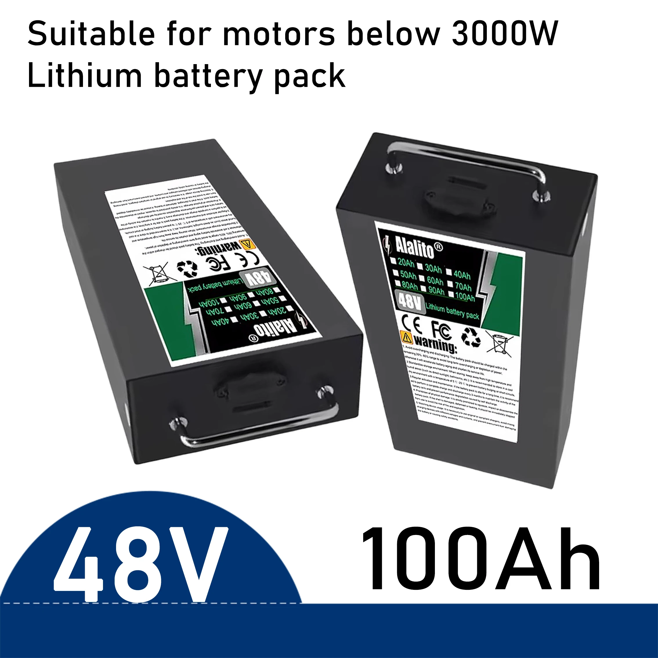 48V 100Ah, Air freight, 18650 lithium-ion battery pack, suitable for 250-2000W equipment motors, with multiple capacity options
48V 100Ah, Air freight, 18650 lithium-ion battery pack, suitable for 250-2000W equipment motors, with multiple capacity options