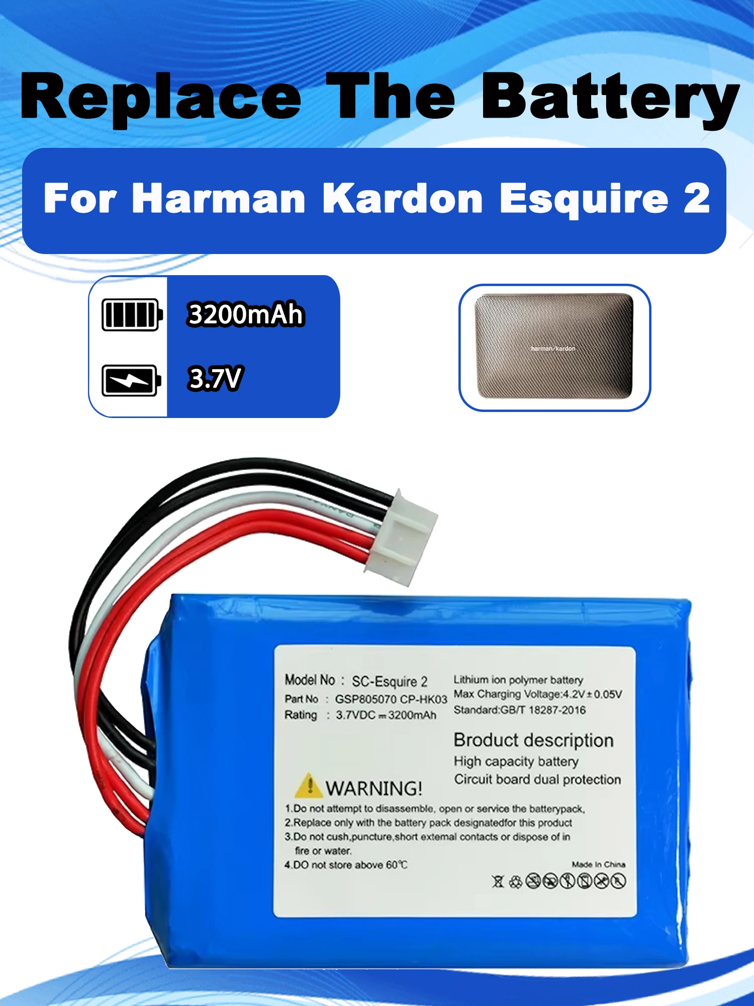 CP-HK03 3,7 В 3200 мАч GSP 805070 Сменный аккумулятор для беспроводного Bluetooth-динамика Harman Kardon Esquire 2, инструменты
CP-HK03 3,7 В 3200 мАч GSP 805070 Сменный аккумулятор для беспроводного Bluetooth-динамика Harman Kardon Esquire 2, инструменты