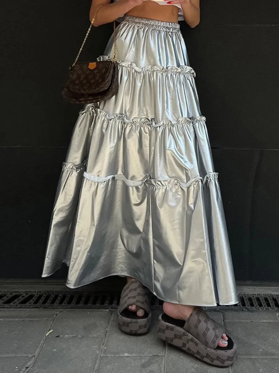New Silver Metal Tiered Midi Skirt Women 2024 Chic High Waist Loose Fashion A-line Faldas Bottom Femme Streetwear Fashion Skirts
New Silver Metal Tiered Midi Skirt Women 2024 Chic High Waist Loose Fashion A-line Faldas Bottom Femme Streetwear Fashion Skirts