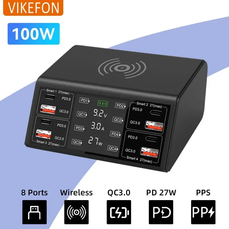 100W QC PD3.0 USB Charger Wireless Charger Quick Charge 8 Ports Multi Chargers Fast Charging Station For iPhone Samsung Xiaomi
100W QC PD3.0 USB Charger Wireless Charger Quick Charge 8 Ports Multi Chargers Fast Charging Station For iPhone Samsung Xiaomi