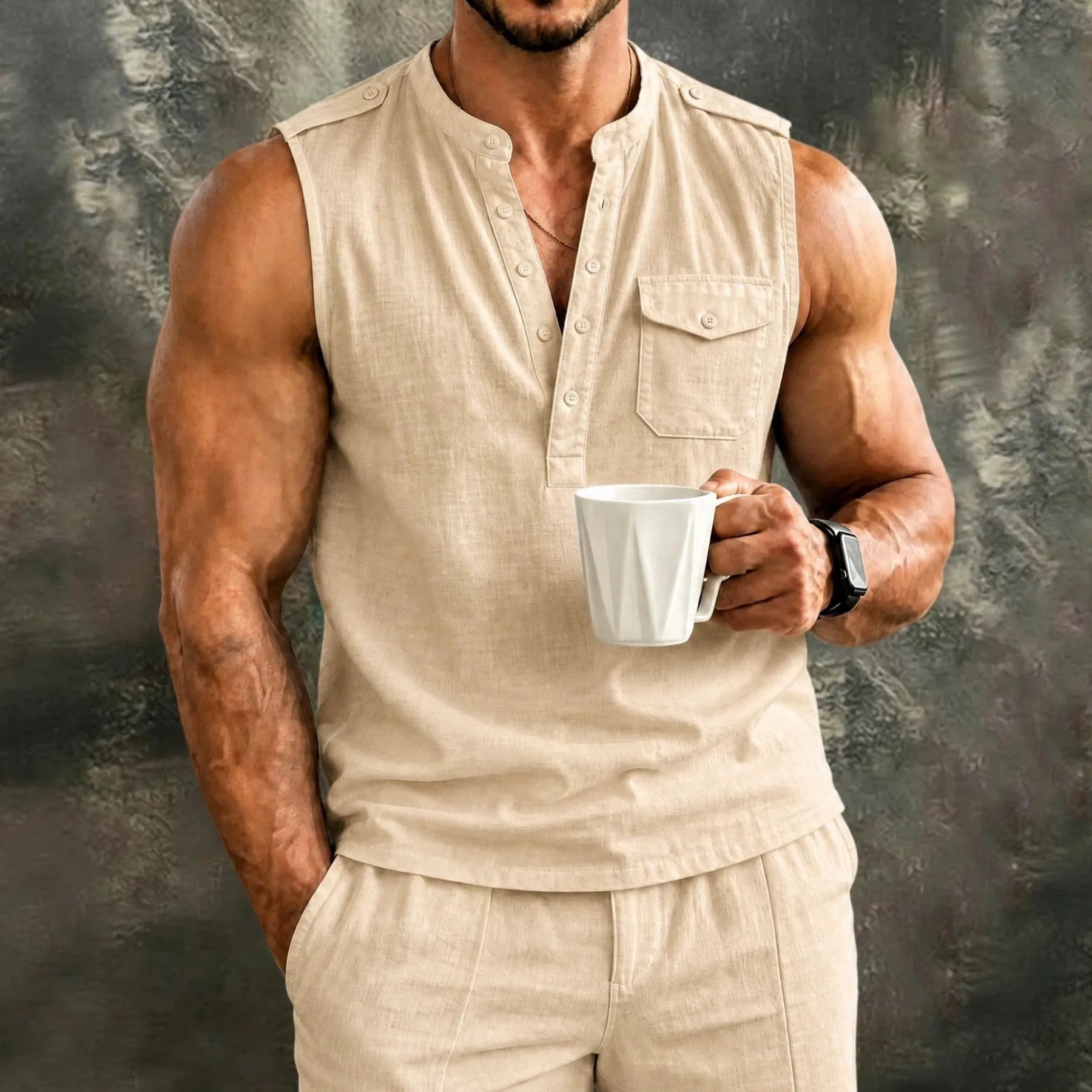 Summer Linen Men's Sleeveless Shirt 2026 New Fashionable Solid color V-neck Vest Hawaiian Men's Beach Shirt Tops
Summer Linen Men's Sleeveless Shirt 2026 New Fashionable Solid color V-neck Vest Hawaiian Men's Beach Shirt Tops