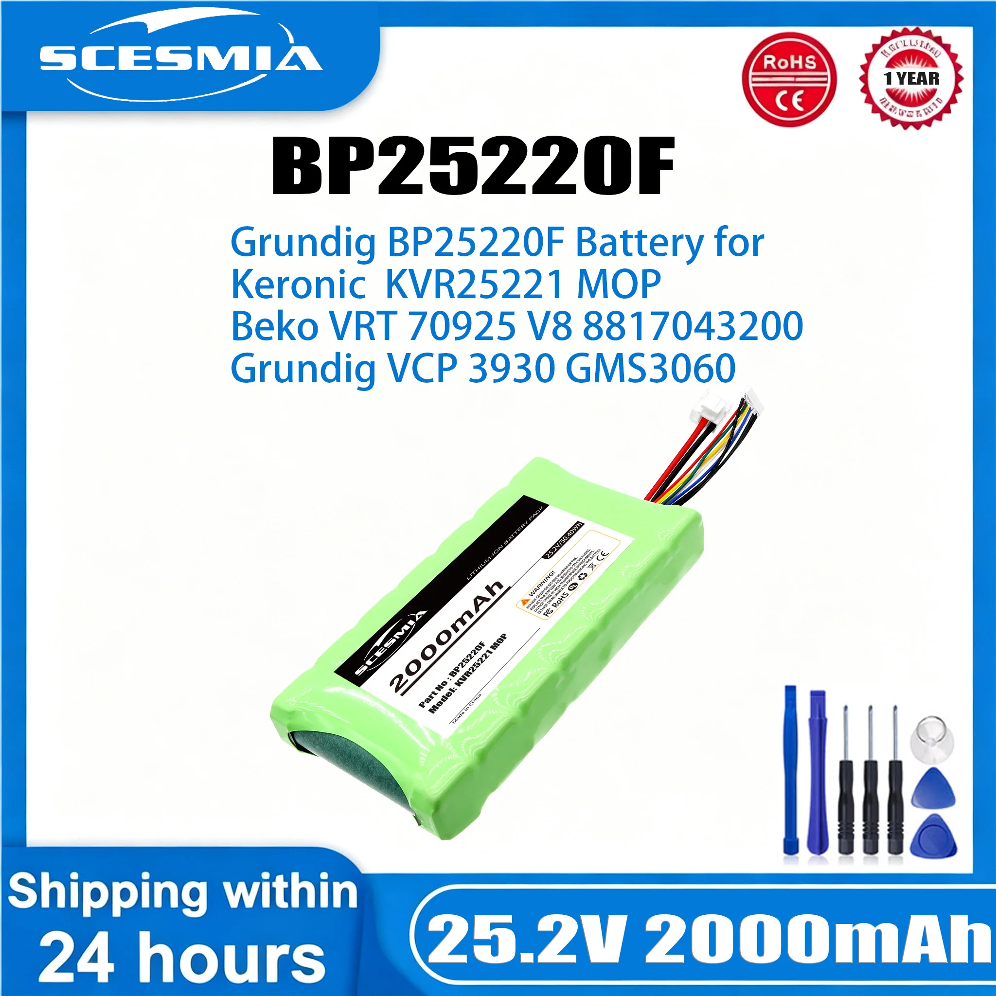 Vacuum Cleaner Battery 25.2V/2000mAh BP25220F for Eureka NEC180 Pro, Midea VSS1800 Beko VRT 70925 V8 8817043200 VCP 3930
Vacuum Cleaner Battery 25.2V/2000mAh BP25220F for Eureka NEC180 Pro, Midea VSS1800 Beko VRT 70925 V8 8817043200 VCP 3930