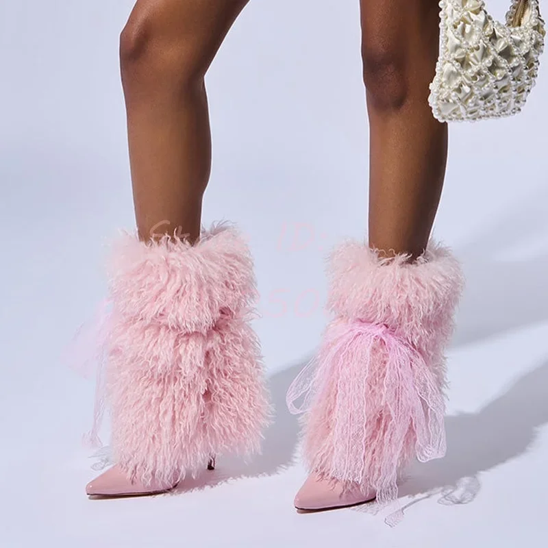 Sweet Pink Faux Fur Boots Butterfly Knot Pointed Slip-on Thin Heel Mid-calf Boots Winter New Women Fashion Stilettos Shoes 2025
Sweet Pink Faux Fur Boots Butterfly Knot Pointed Slip-on Thin Heel Mid-calf Boots Winter New Women Fashion Stilettos Shoes 2025