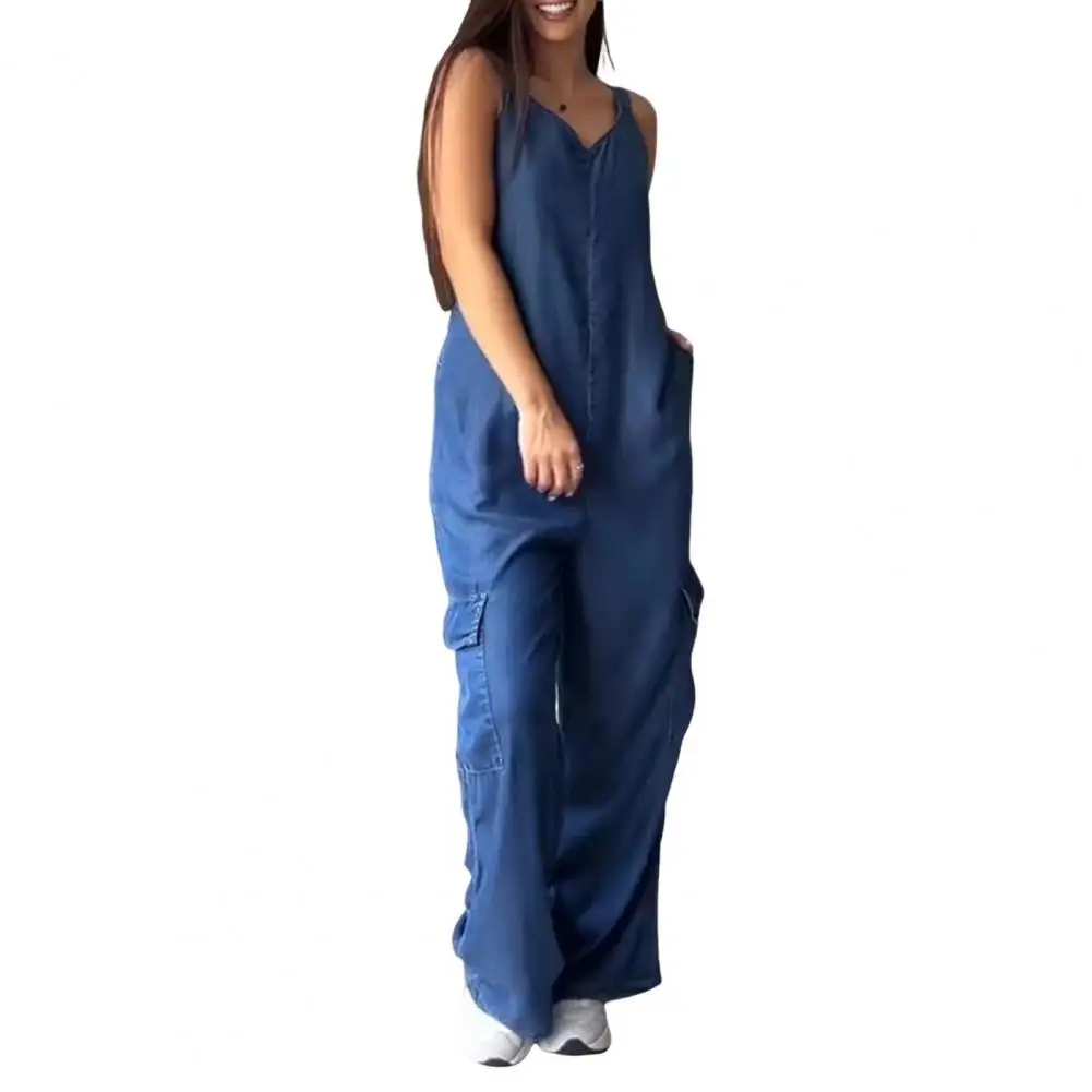 Solid Color Wide Leg Jumpsuit Stylish Sleeveless Women's Jumpsuit with Wide Legs Multiple Pockets V-neck Design for Casual Daily
Solid Color Wide Leg Jumpsuit Stylish Sleeveless Women's Jumpsuit with Wide Legs Multiple Pockets V-neck Design for Casual Daily