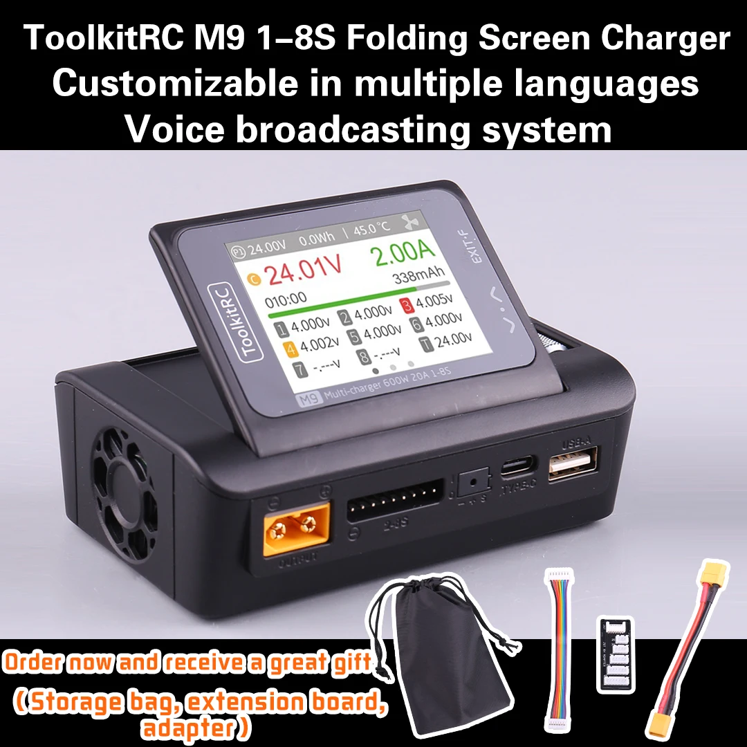 ToolkitRC M9 Многофункциональное интеллектуальное балансное зарядное устройство постоянного тока 600 Вт, 20 А с функцией звука, вращающийся экран на 85 градусов для батареи LIPO 1-8S
ToolkitRC M9 Многофункциональное интеллектуальное балансное зарядное устройство постоянного тока 600 Вт, 20 А с функцией звука, вращающийся экран на 85 градусов для батареи LIPO 1-8S