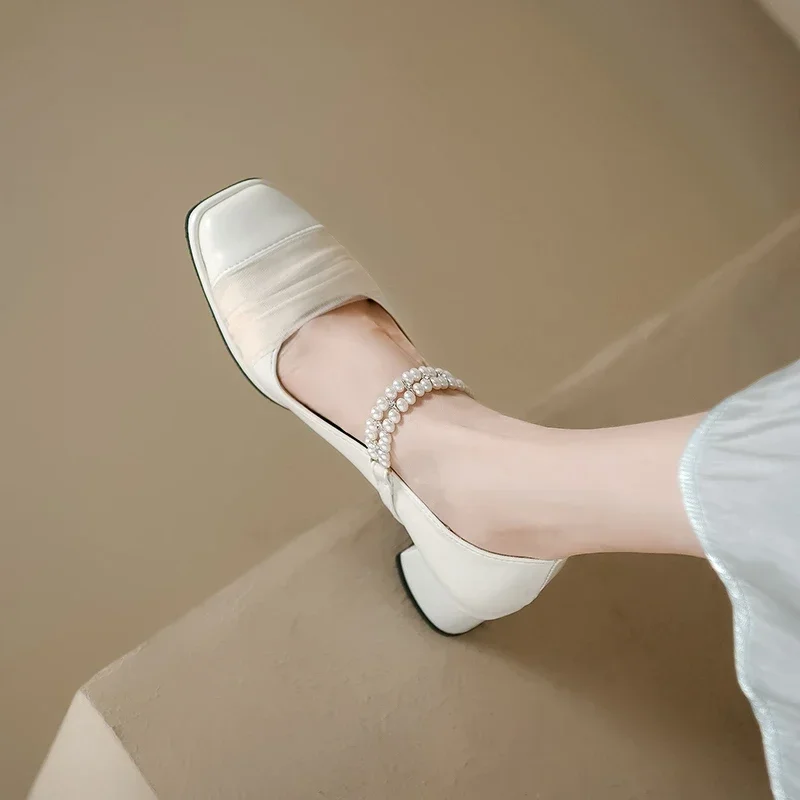 French Beige Mary Janes Shoes Women Pumps Square Head Mesh Pearls Buckle Belt Med Thick Heels Leather Shoe Matching Skirt
French Beige Mary Janes Shoes Women Pumps Square Head Mesh Pearls Buckle Belt Med Thick Heels Leather Shoe Matching Skirt