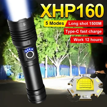 강력한 토치 고전력 LED 손전등 XHP160 슈퍼 밝은 전술 조명 충전식 랜턴 야외 모험 캠핑 라이트