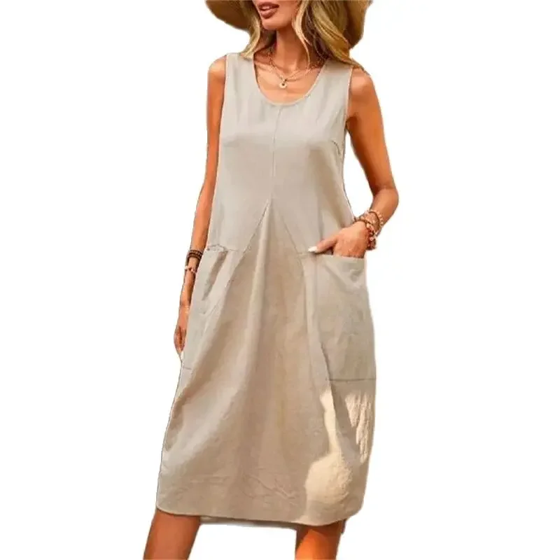 Simple Style Loose Cotton Linen Dress Women Solid Color Patchwork Large Pockets Sleeveless Gown Female Daily Casual Dresses 2024
Simple Style Loose Cotton Linen Dress Women Solid Color Patchwork Large Pockets Sleeveless Gown Female Daily Casual Dresses 2024
