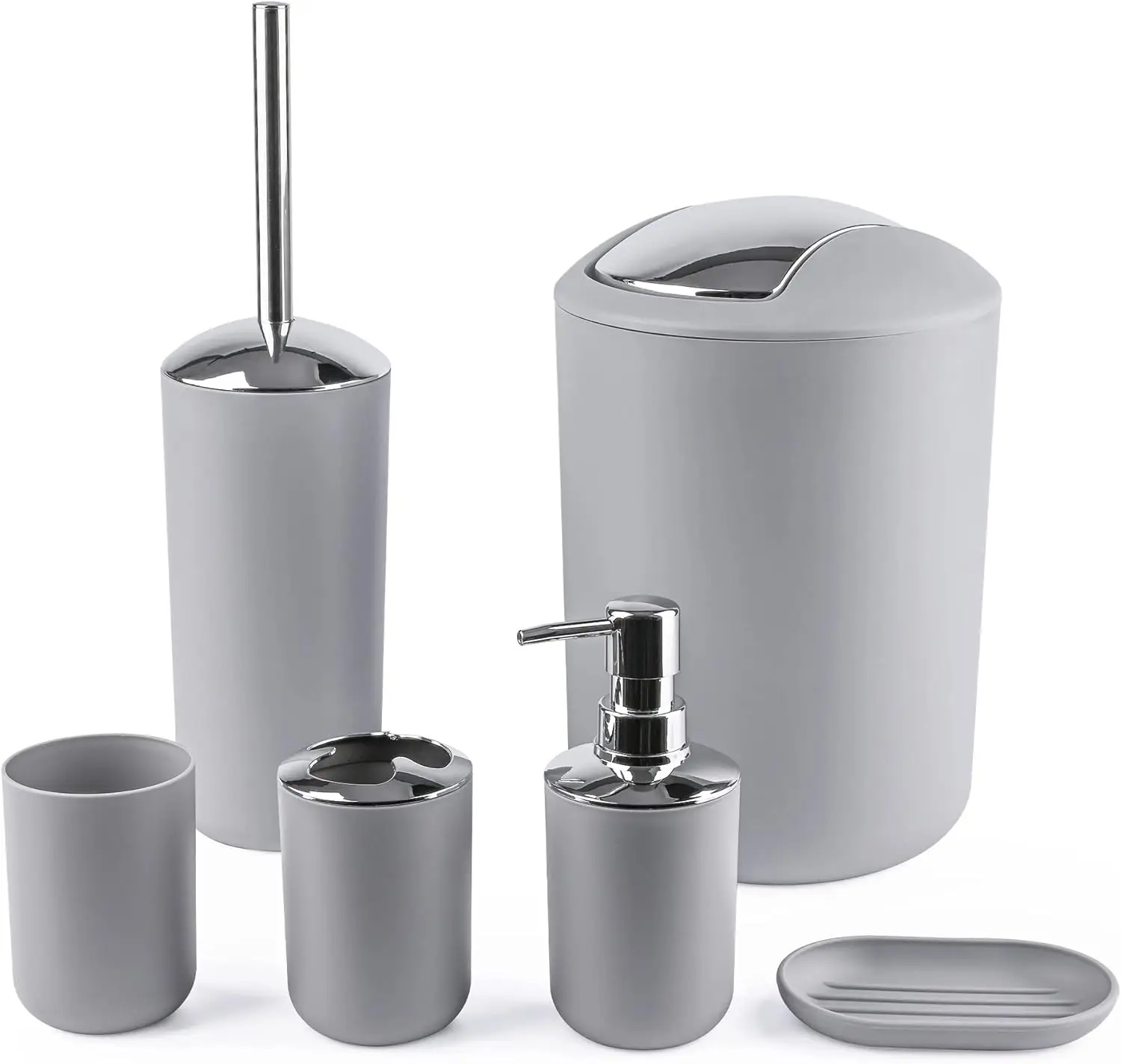 6 Piece Plastic Bathroom Accessories Set with Soap Dispenser, Toothbrush Holder, and Trash Can for Bathroom Organization, Gray
6 Piece Plastic Bathroom Accessories Set with Soap Dispenser, Toothbrush Holder, and Trash Can for Bathroom Organization, Gray