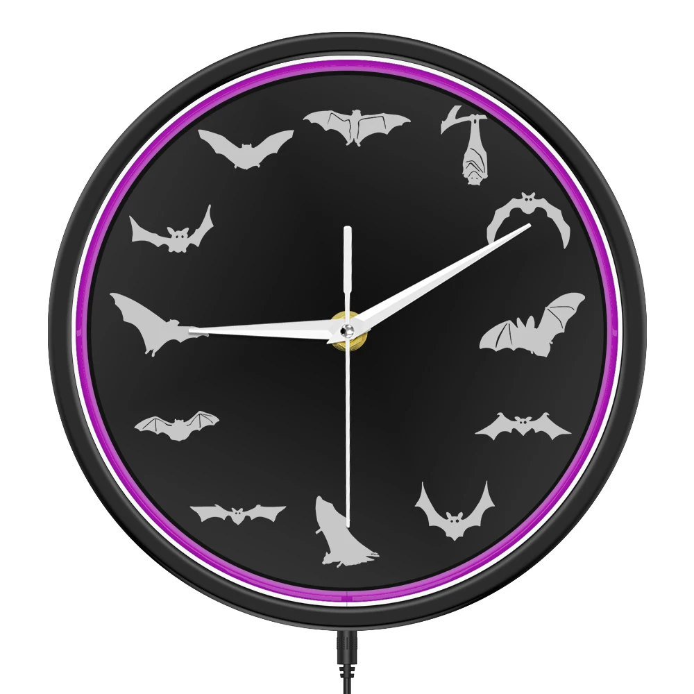 Bats Neon Backlit Wall Clock with Metal Frame LED Lighting Modern Design Halloween Home Wall Art Decor Vampire Bats Glow Clock
Bats Neon Backlit Wall Clock with Metal Frame LED Lighting Modern Design Halloween Home Wall Art Decor Vampire Bats Glow Clock