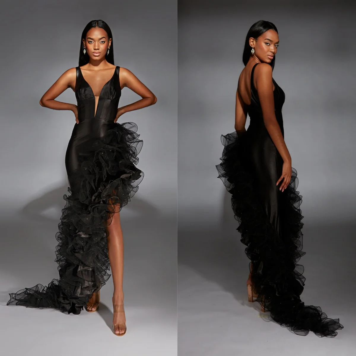 Formal Black Evening Dresses Simple V Neck Tiered Ruffles Women Prom Gowns Glitter Sequins Sleeveless Customized Party Gowns
Formal Black Evening Dresses Simple V Neck Tiered Ruffles Women Prom Gowns Glitter Sequins Sleeveless Customized Party Gowns
