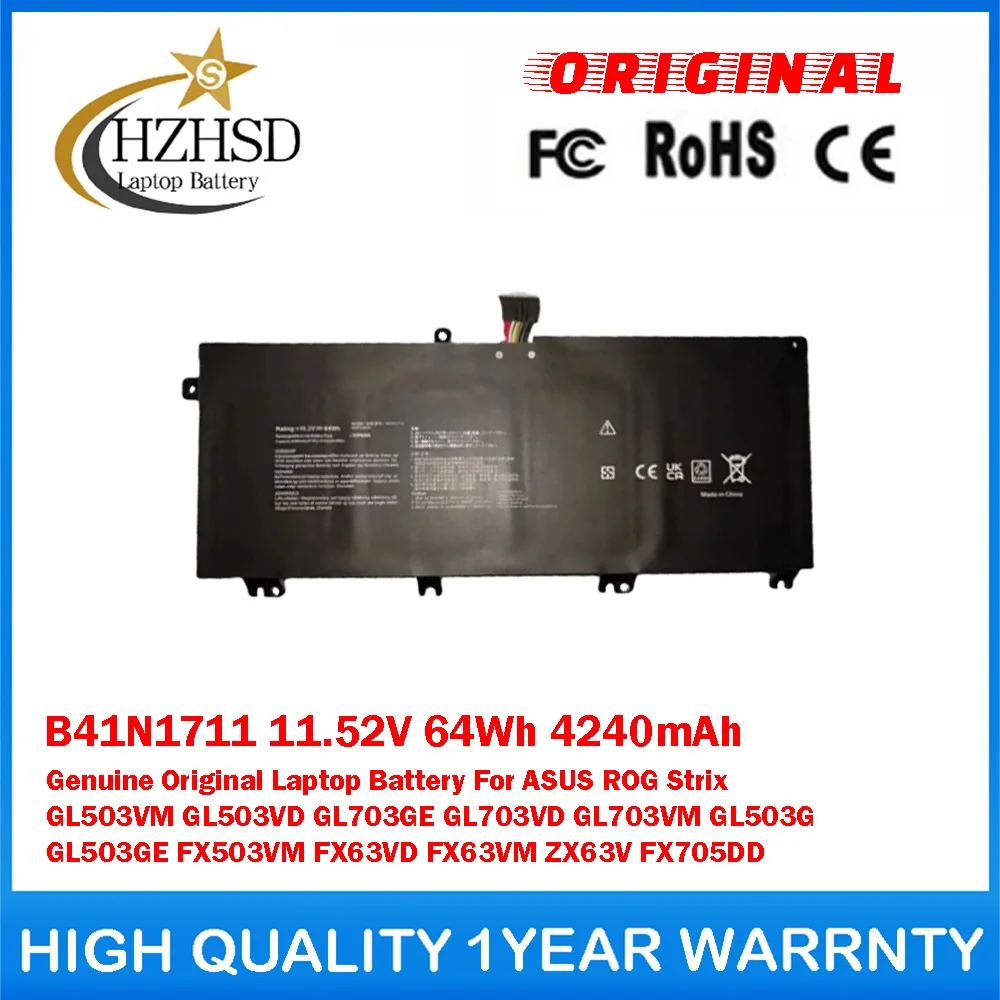 Оригинальная аккумуляторная батарея для ноутбуков ASUS ROG Strix GL503VM GL503VD GL703GE GL703VD GL703VM GL503G, B41N1711, 11.52V, 64Wh, 4240mAh
Оригинальная аккумуляторная батарея для ноутбуков ASUS ROG Strix GL503VM GL503VD GL703GE GL703VD GL703VM GL503G, B41N1711, 11.52V, 64Wh, 4240mAh