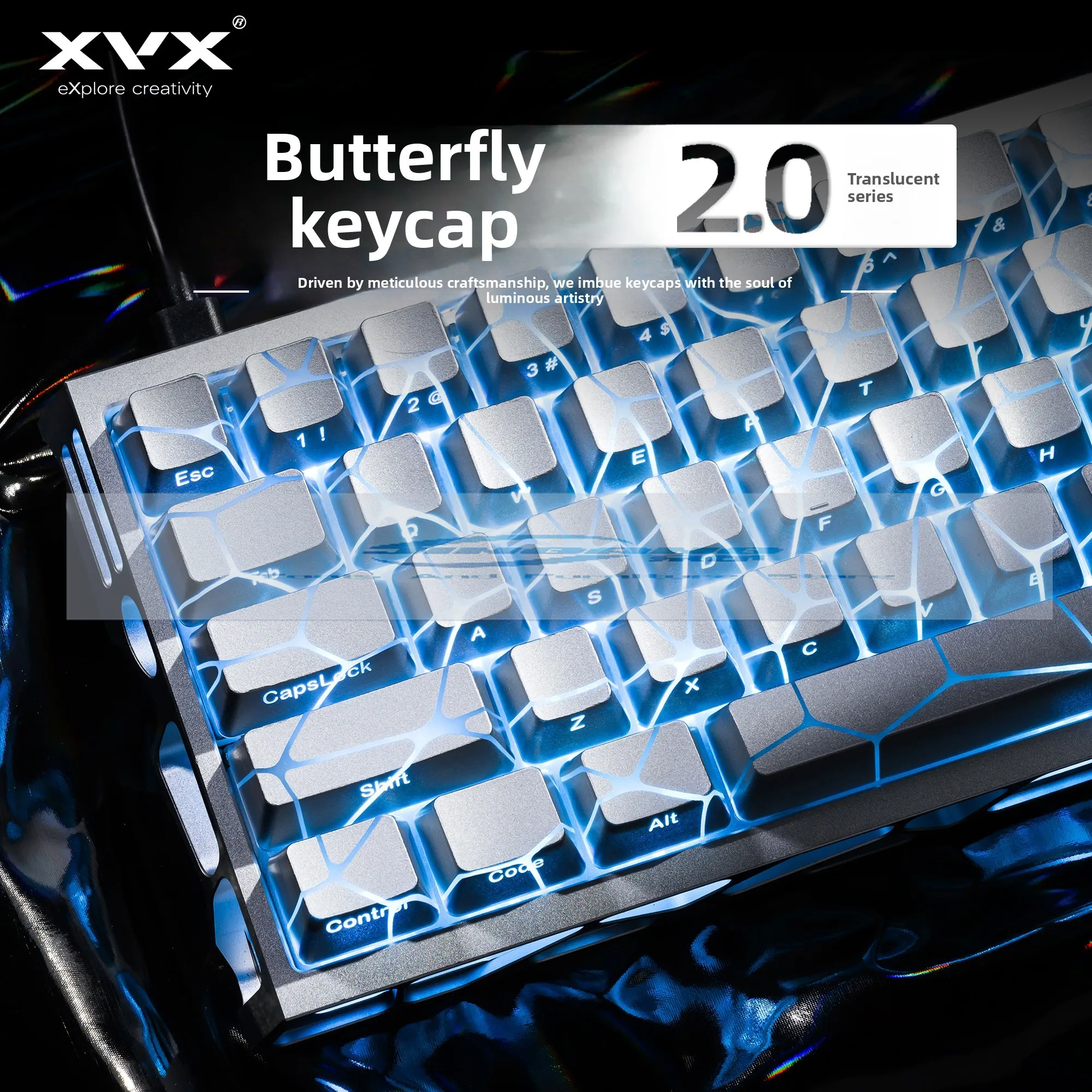 Butterfly Pattern Keycaps Set Metallic Silver Side Engraved Fog IMD Process Magnetic Axis Transparent Mechanical Keyboard