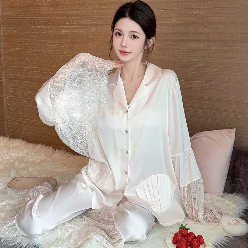 Lace Trim Long Sleeve Top Pants Ice Silk Sleepwear Lady's Home Clothes Loose Pajamas Suit 2Pcs Nightwear Summer Loungewear
Lace Trim Long Sleeve Top Pants Ice Silk Sleepwear Lady's Home Clothes Loose Pajamas Suit 2Pcs Nightwear Summer Loungewear