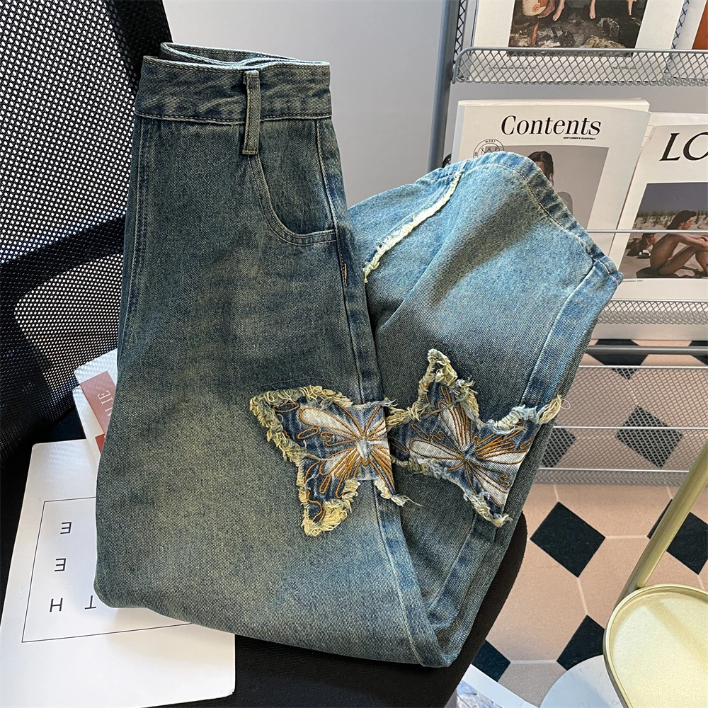 American Retro Butterfly Embroidery Wide Leg Jeans Women Casual Fashion High Waist Raw Edge Denim Pants Female Straight Trousers
American Retro Butterfly Embroidery Wide Leg Jeans Women Casual Fashion High Waist Raw Edge Denim Pants Female Straight Trousers