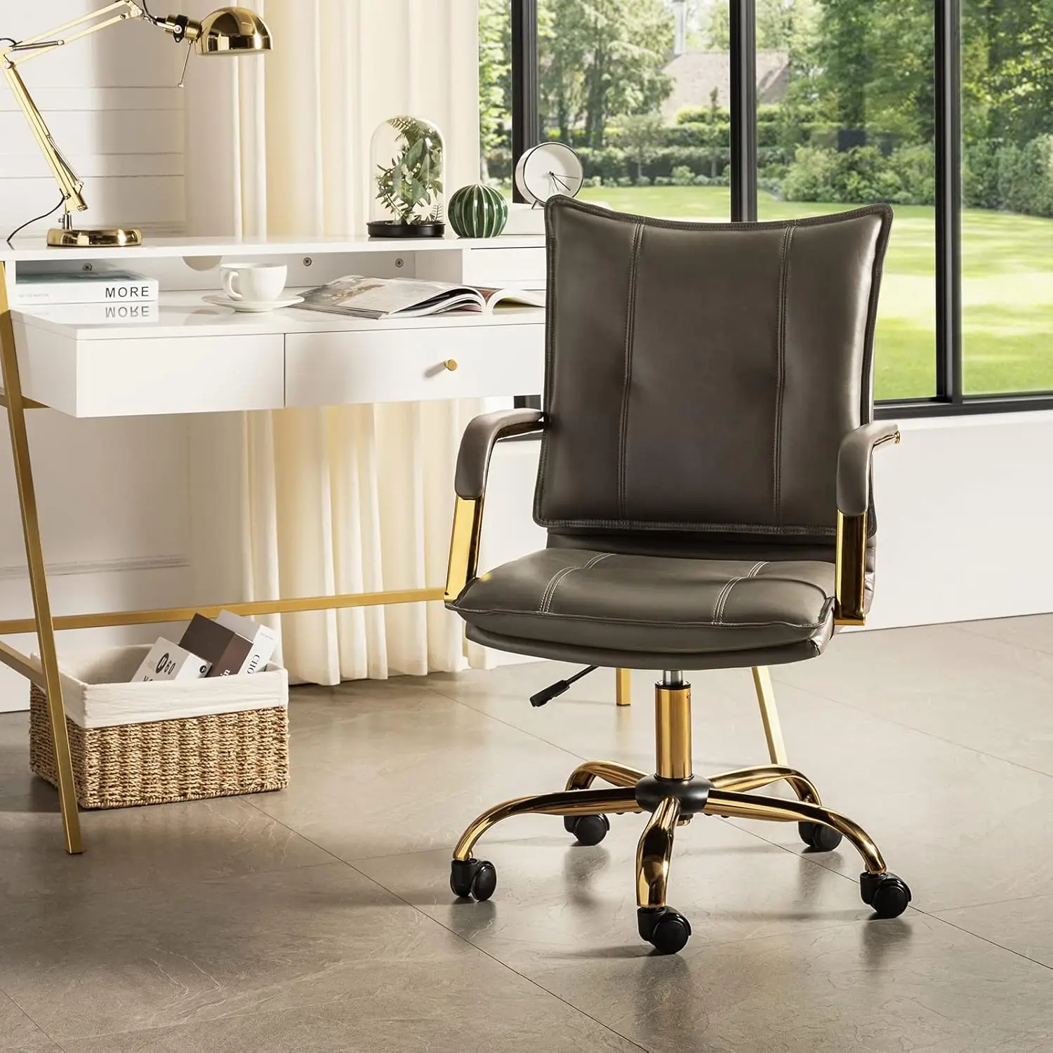 Faux Leather Home Office Desk Chair, Adjustable Swivel Computer Chair With Golden Legs And Arms, Comfy Upholstered Task Chair, 
Faux Leather Home Office Desk Chair, Adjustable Swivel Computer Chair With Golden Legs And Arms, Comfy Upholstered Task Chair,