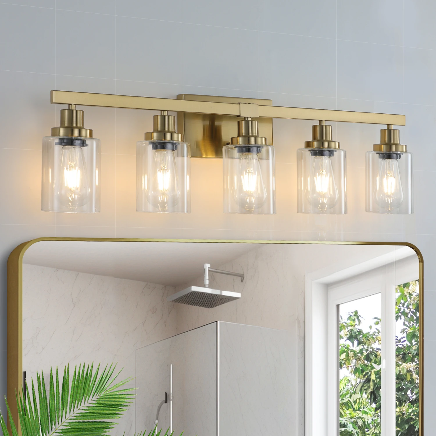 Golden 5-Light Vanity Light with Clear Glass Shades, Modern Iron Metal Bathroom Wall Fixture for Mirror, Ideal for Bathroom and
Golden 5-Light Vanity Light with Clear Glass Shades, Modern Iron Metal Bathroom Wall Fixture for Mirror, Ideal for Bathroom and