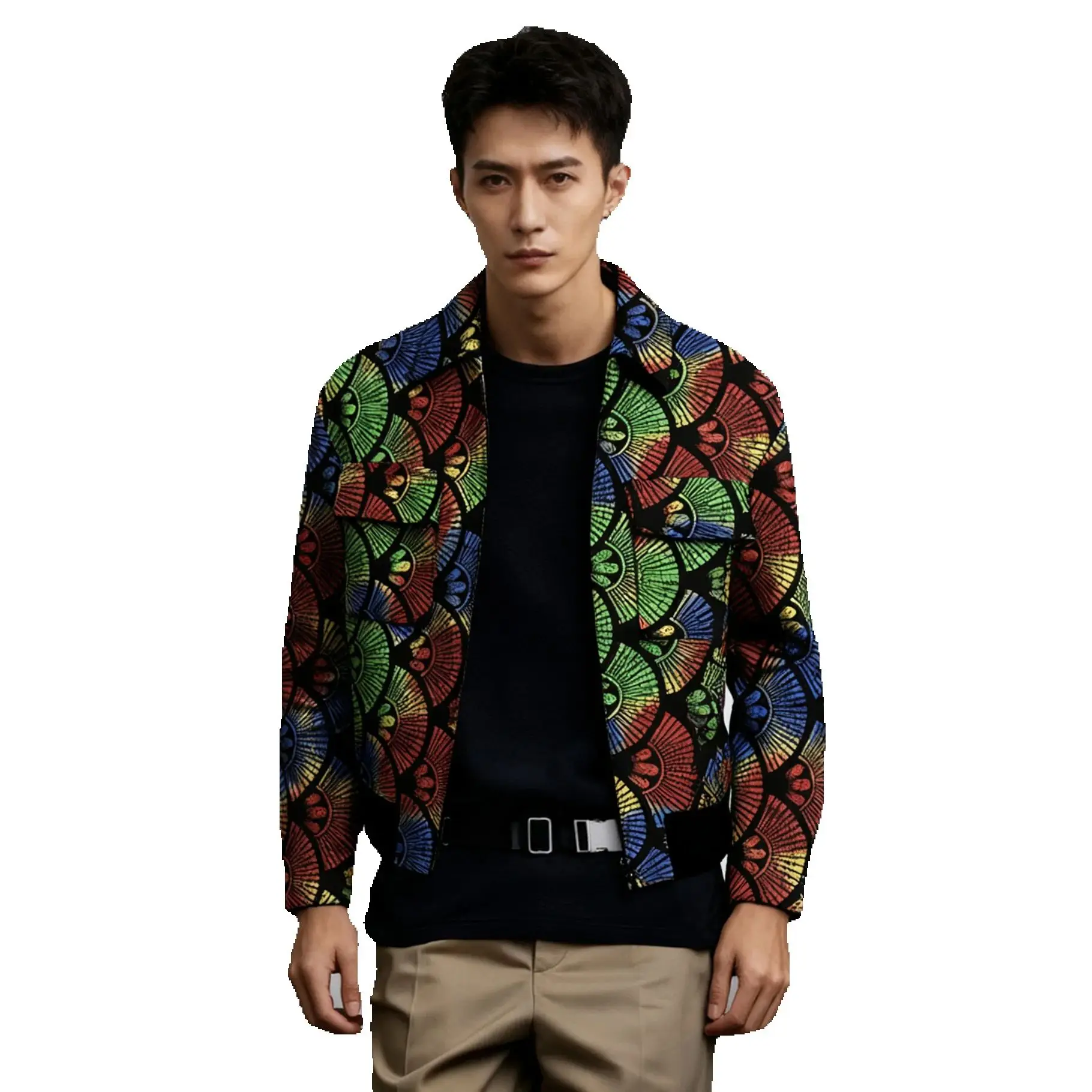 Мужская куртка в африканском стиле от кутюр с красочным вееровым узором и отложным воротником, короткое пальто на молнии с ребристым подолом и двойными нагрудными карманами
Мужская куртка в африканском стиле от кутюр с красочным вееровым узором и отложным воротником, короткое пальто на молнии с ребристым подолом и двойными нагрудными карманами