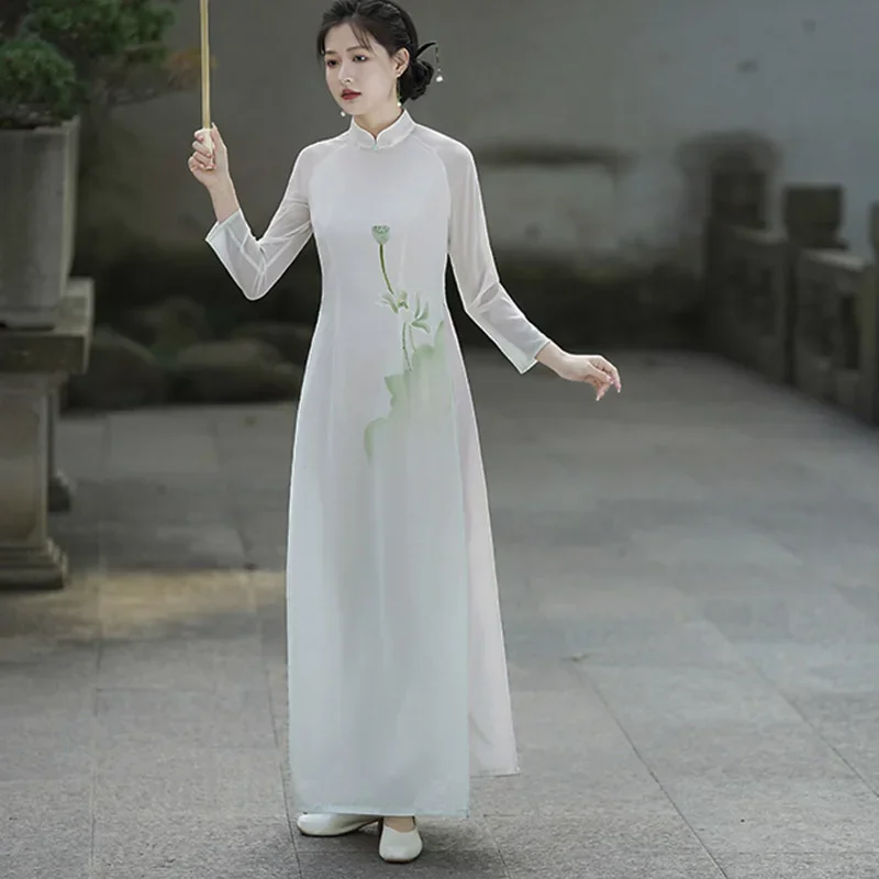 Summer Hand-Painted Lotus Chiffon Gradual Aodai Cheongsam Young Girls Slim National Rhyme Temperament Long Dress Chinese Cheongs
Summer Hand-Painted Lotus Chiffon Gradual Aodai Cheongsam Young Girls Slim National Rhyme Temperament Long Dress Chinese Cheongs
