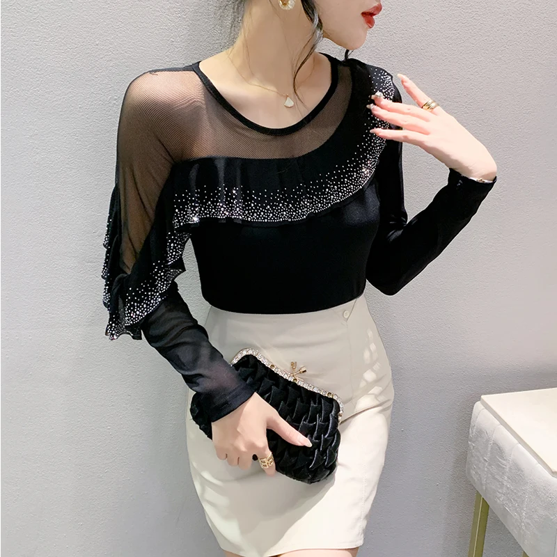 2024 New Spring Fall Korean Clothes T-Shirt Chic Sexy Patchwork Ruffles Shiny Diamonds Tops Long Sleeve Drilling Hot Tees 312074
2024 New Spring Fall Korean Clothes T-Shirt Chic Sexy Patchwork Ruffles Shiny Diamonds Tops Long Sleeve Drilling Hot Tees 312074