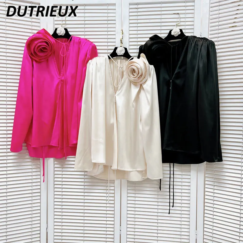 Socialite V-neck Blouse for Women Three-Dimensional Flower Silk Lady Long Sleeve Shirt Split Solid Color Puff Sleeve Top Female
Socialite V-neck Blouse for Women Three-Dimensional Flower Silk Lady Long Sleeve Shirt Split Solid Color Puff Sleeve Top Female