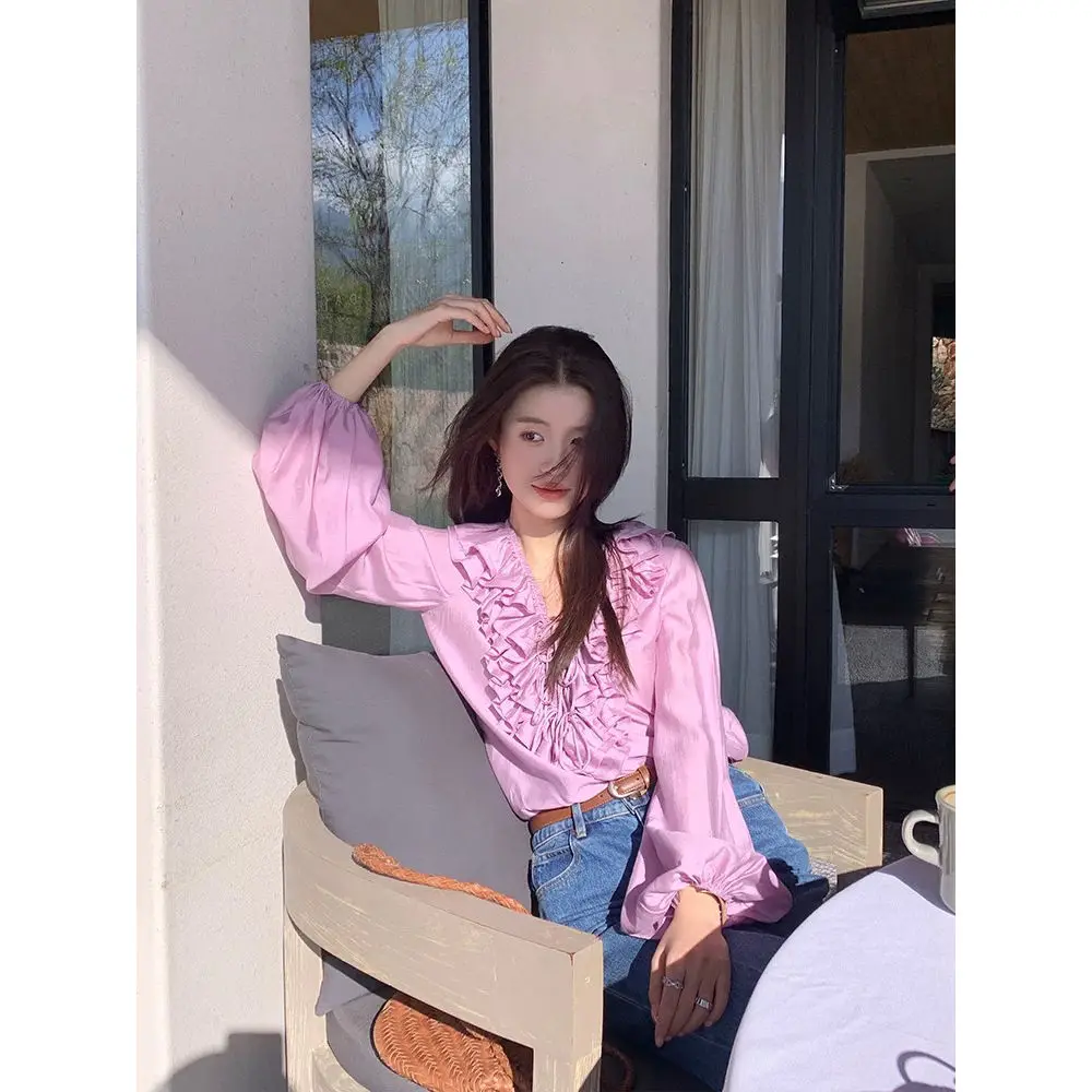 Sweet Girl Ruffled V-neck Bow Lace-up Long-sleeved Shirts Tops Spring and Summer Solid Color Simple Slimming Versatile Blouse
Sweet Girl Ruffled V-neck Bow Lace-up Long-sleeved Shirts Tops Spring and Summer Solid Color Simple Slimming Versatile Blouse