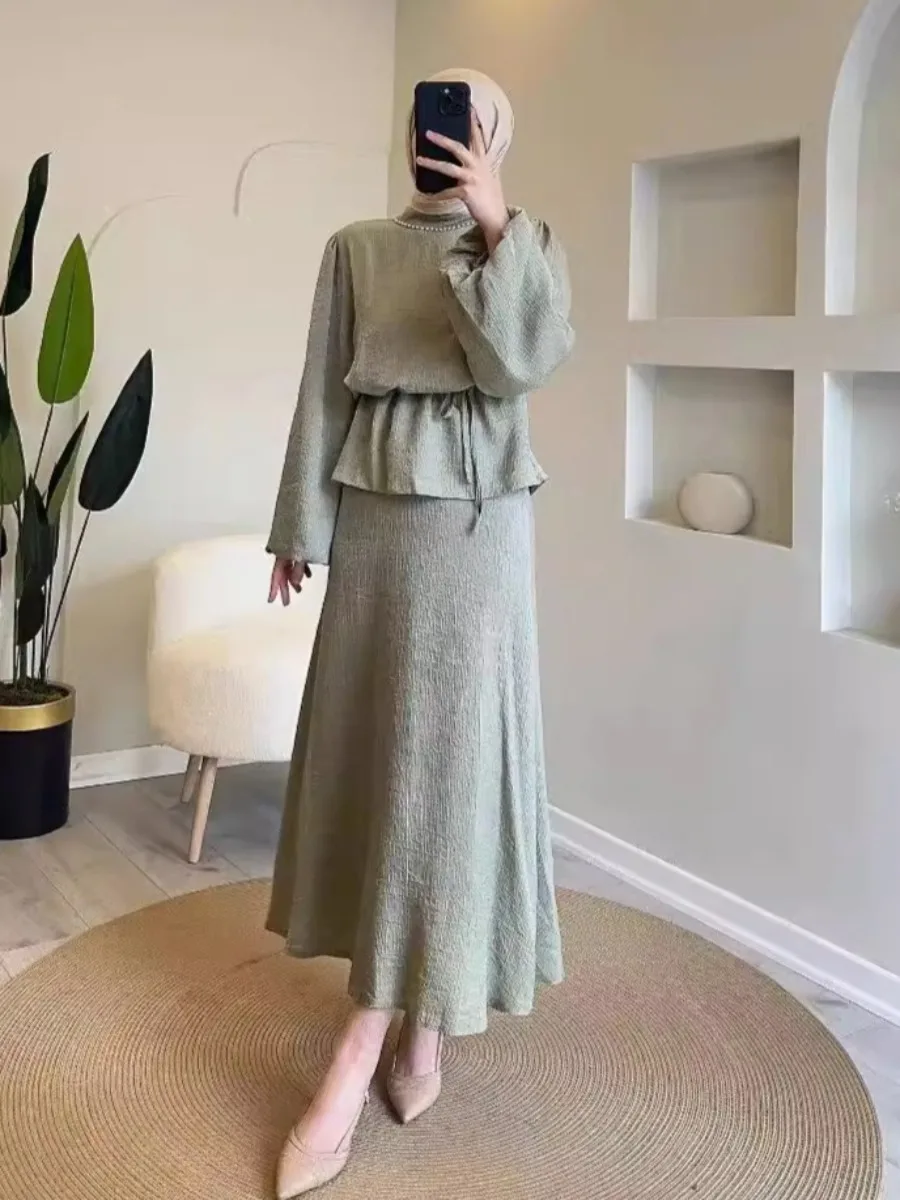 Eid Muslim Shirt Skirt 2 Piece Set Women Lace-up Long Skirts Blouse Vestidos Party Caftan Jalabiya Ramadan Dubai Arab Robe 2025 
Eid Muslim Shirt Skirt 2 Piece Set Women Lace-up Long Skirts Blouse Vestidos Party Caftan Jalabiya Ramadan Dubai Arab Robe 2025