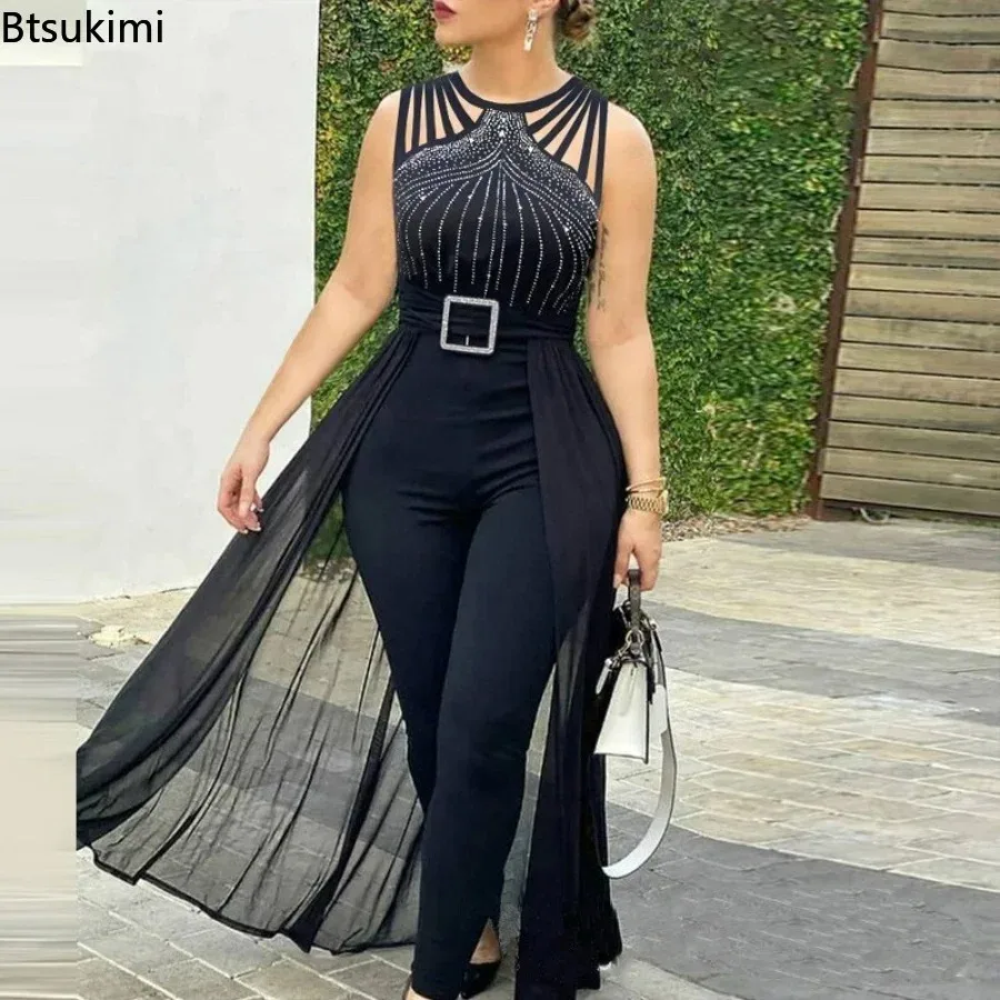 New 2026 Women's Elegant Jumpsuits Summer Sexy Rhinestone Sheer Mesh Rompers with Belt Fashion Sleeveless Slim Fit Party Outfits
New 2026 Women's Elegant Jumpsuits Summer Sexy Rhinestone Sheer Mesh Rompers with Belt Fashion Sleeveless Slim Fit Party Outfits