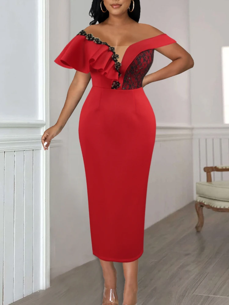 Women Red Formal Dress Black Lace Patchwork Party Dress Bodycon Pleated Ruffle Robes Chic Birthday Wedding Event Gowns Big Size
Women Red Formal Dress Black Lace Patchwork Party Dress Bodycon Pleated Ruffle Robes Chic Birthday Wedding Event Gowns Big Size