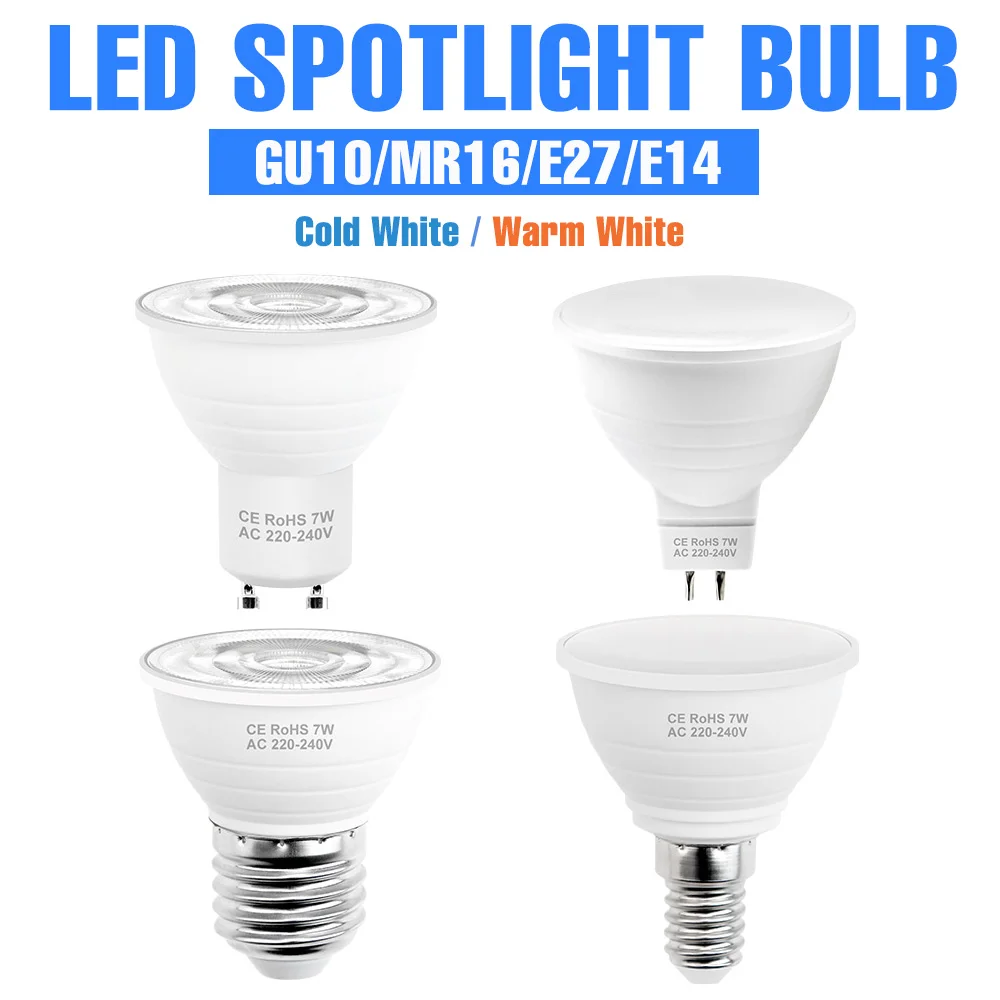 E27/E26 LED Spotlight GU10 Bulb MR16 Ceiling Lamp E14 Chandelier Bulbs GU5.3 AC 220V 5W 7W Home Energy Saving Lighting Warm/Cold
E27/E26 LED Spotlight GU10 Bulb MR16 Ceiling Lamp E14 Chandelier Bulbs GU5.3 AC 220V 5W 7W Home Energy Saving Lighting Warm/Cold